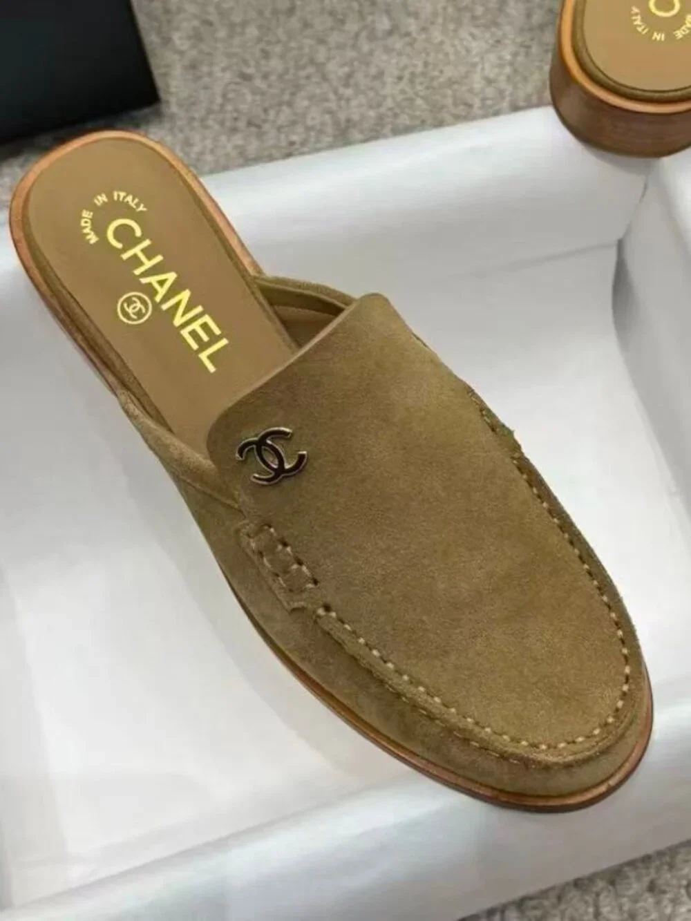 Chanel Khaki Suede Double C Slip On Mule Loafers